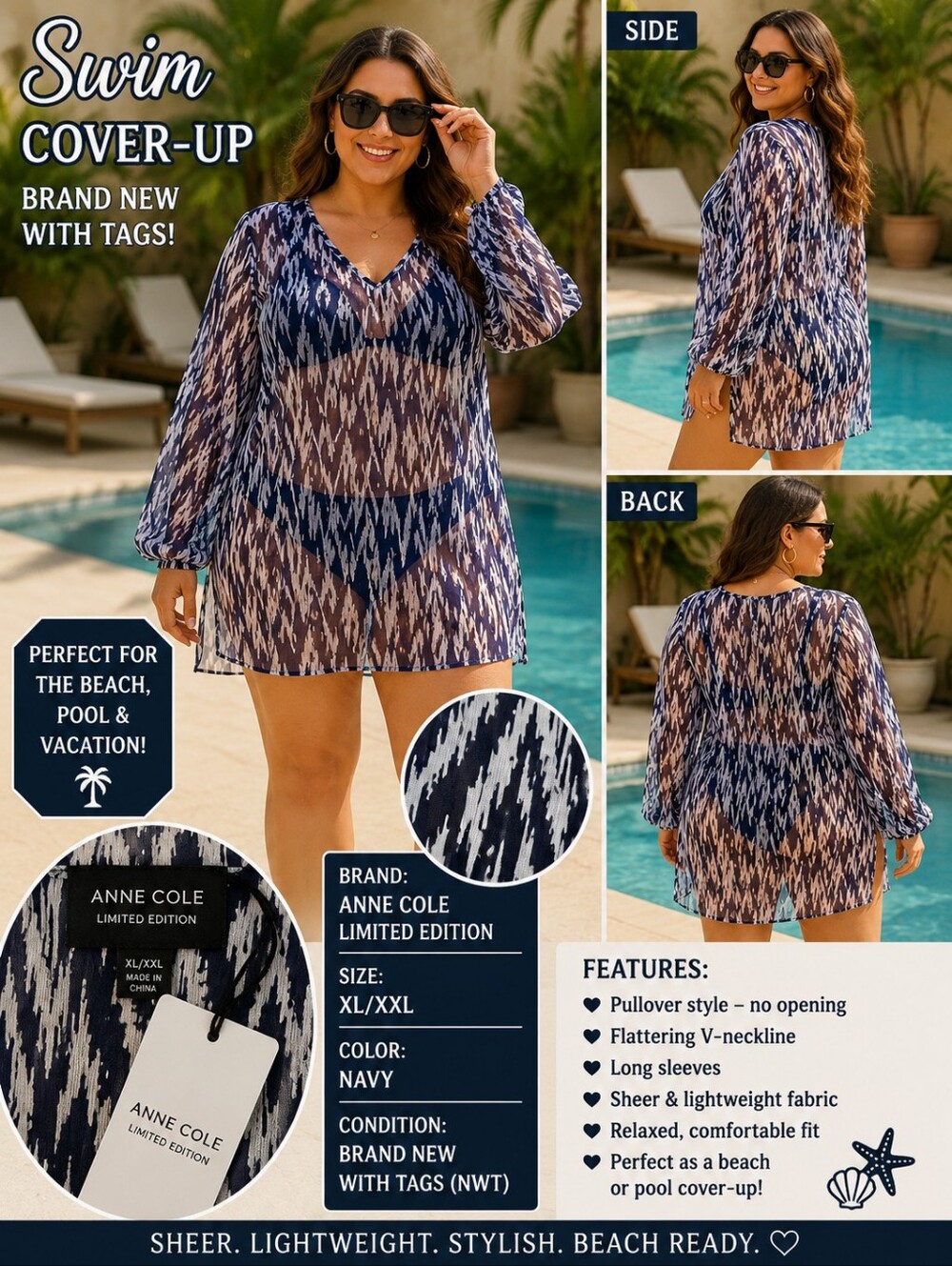 P67  Anne Cole Limited Edition Women's V-Neck Swim Cover-up navy color xl/xxl